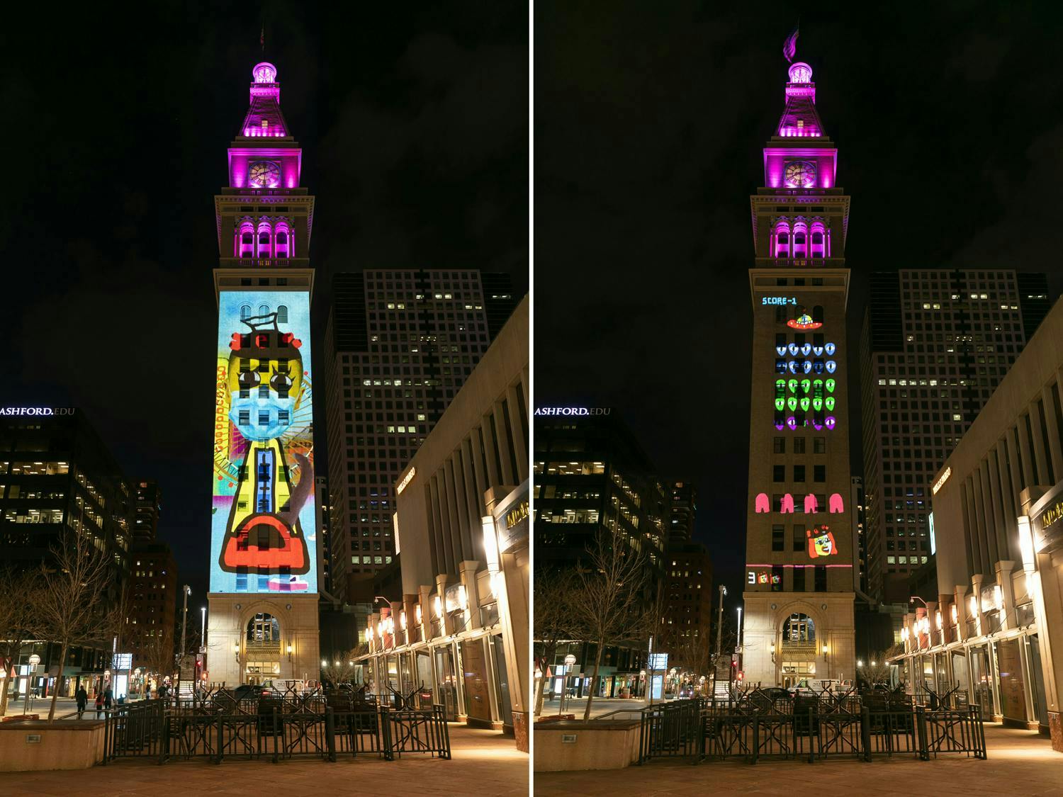 Jan Chan, Purring • HK-London, 2021, site-specific projection. Daniels & Fisher Tower, Denver, CO. Photo by Wes Magyar.