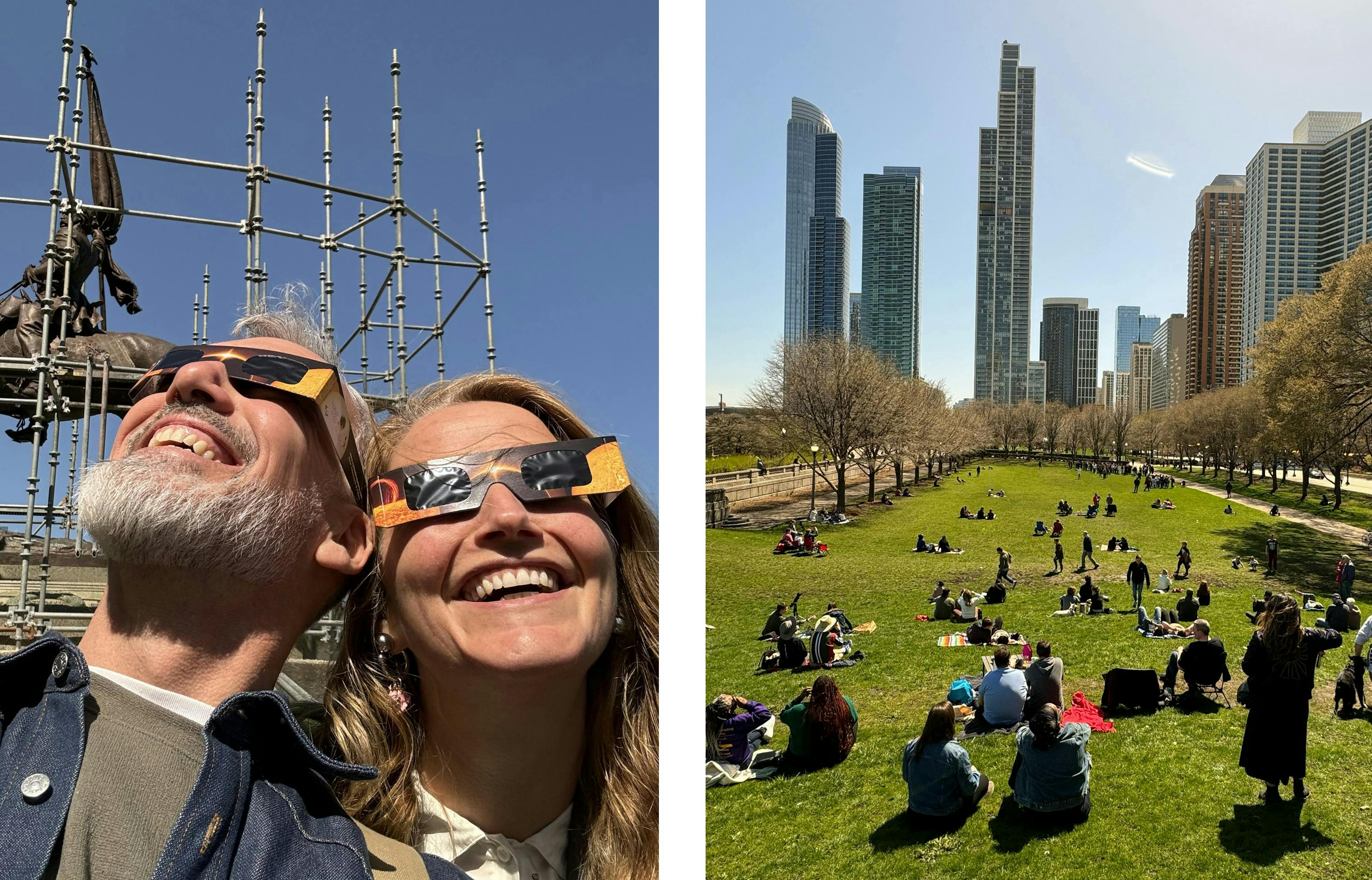 [L]: Vincent de Graaf and Wendy Saunders, Co-Founders and Principal Architects of AIM Architecture, taking a break to watch the solar eclipse during install for Brendan Fernandes, "New Monuments | Chicago," 2024. [R]: Crowd of solar eclipse watchers near the Logan Monument during install for Brendan Fernandes, "New Monuments | Chicago," 2024. Photos courtesy of AIM Architecture. 