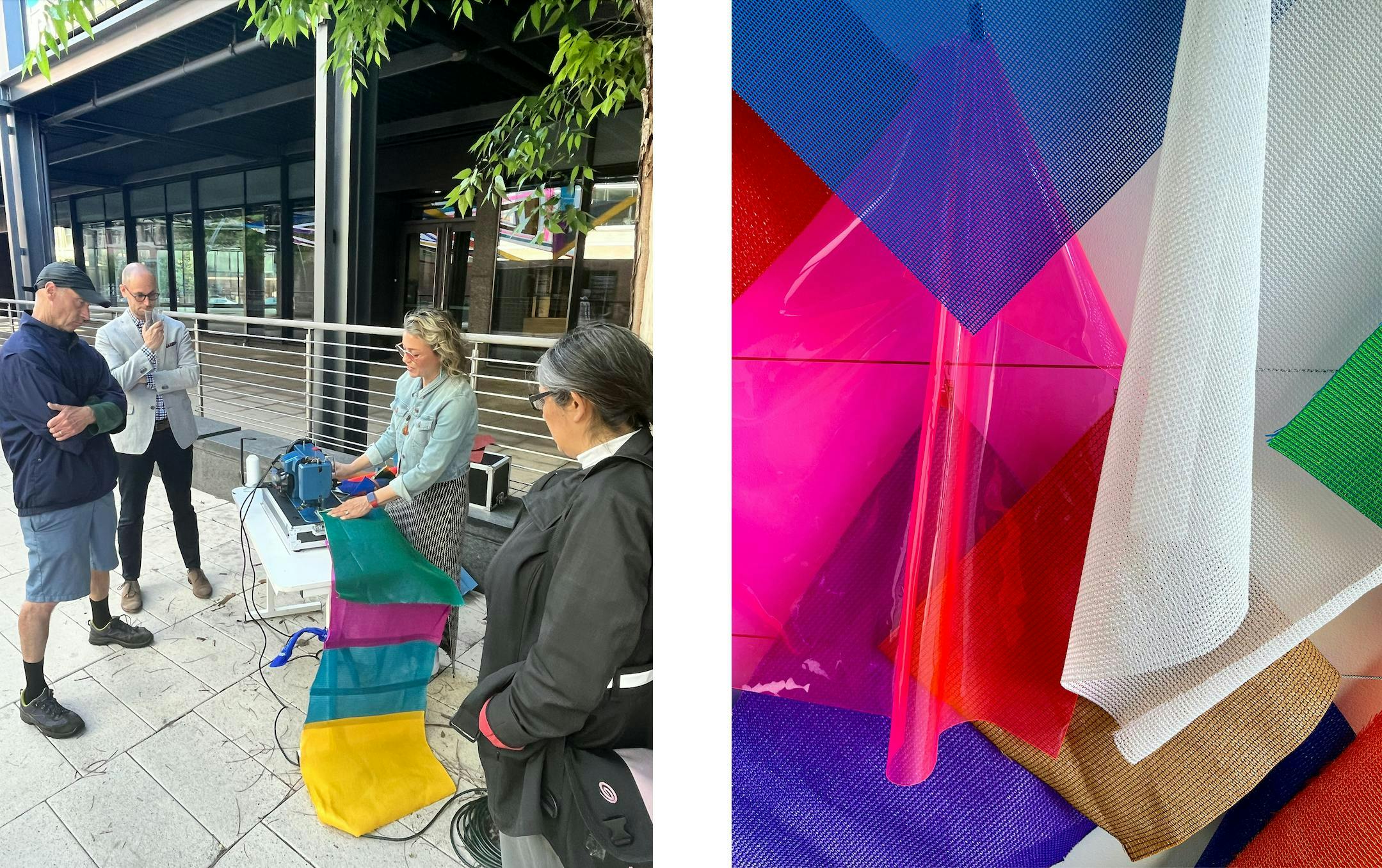 [L]: Rachel Hayes demonstrating sewing techniques during the opening reception for Horizon Drift, May 2024. Plaza of the Americas, Denver, Colorado. [R]: Samples of materials used in Horizon Drift, displayed in the Black Cube shipping container, on-site at the Plaza of the Americas, May 2024. 