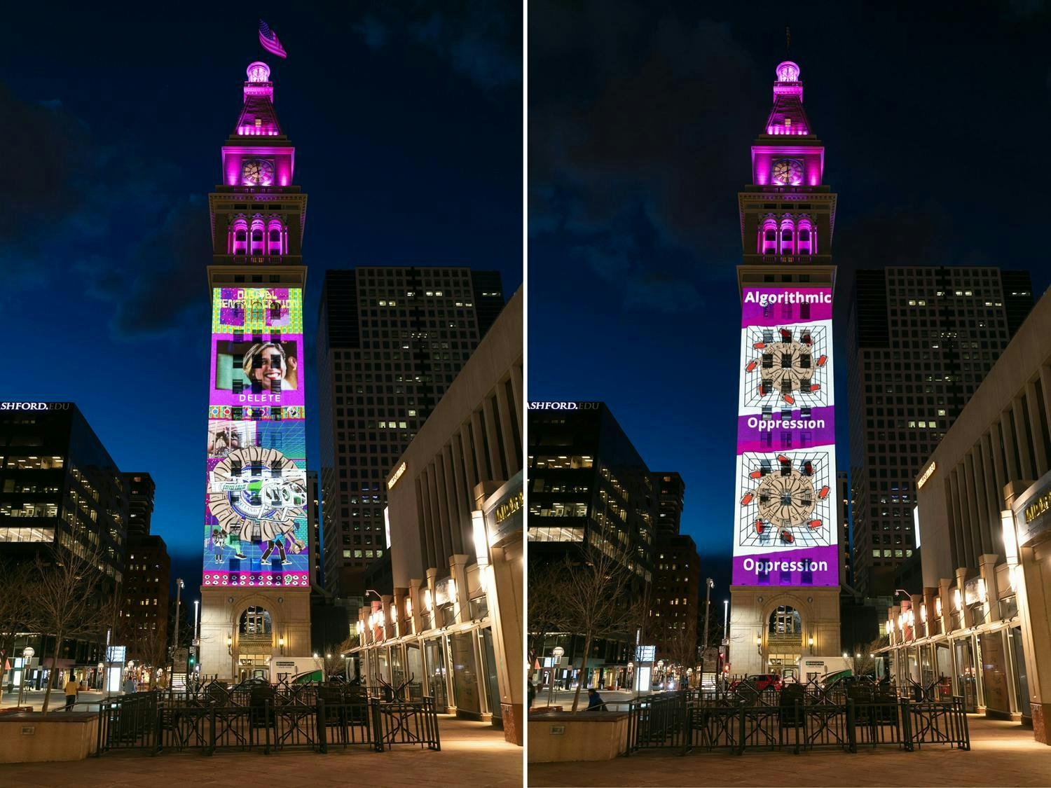 Michael Menchaca, A Cage Without Borders, 2021, site-specific projection. Daniels & Fisher Tower, Denver, CO. Photo by Wes Magyar.