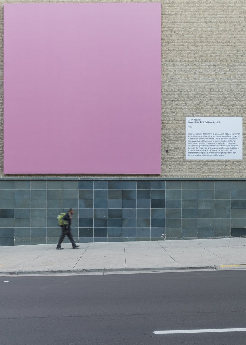 John Roemer, Baker-Miller Pink, 2019. Buell Theatre Exterior, Denver, CO. Courtesy of the artist and Black Cube. Photo by Third Dune Productions.  