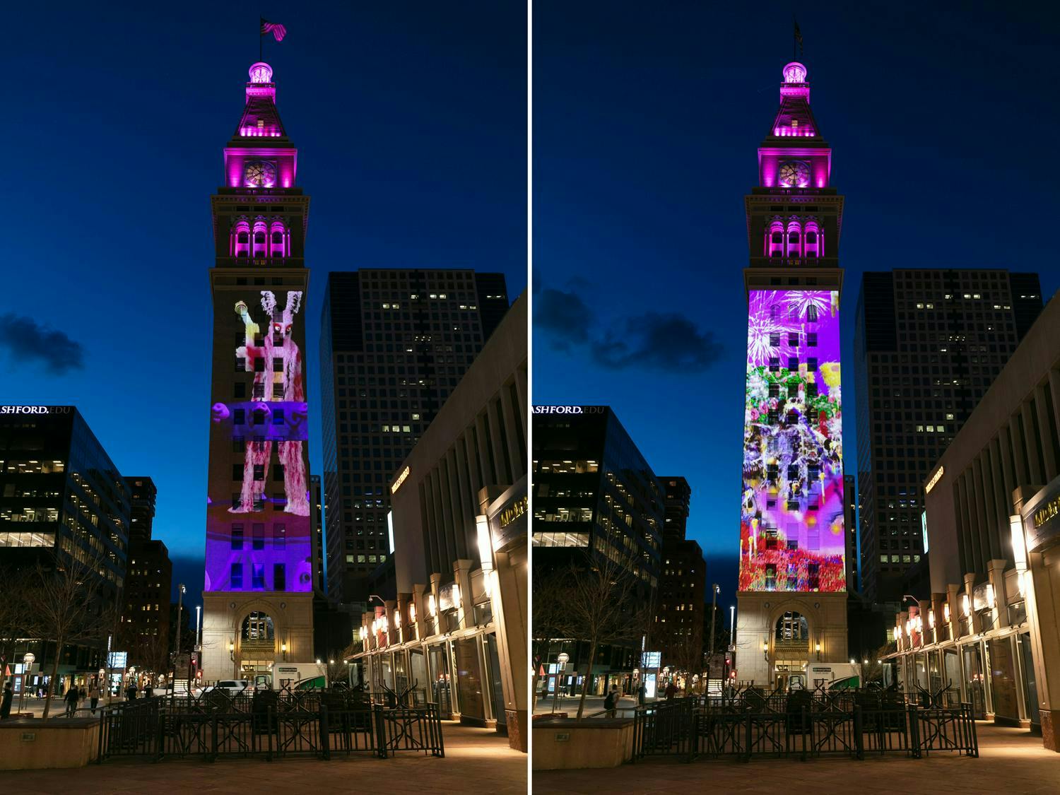 WANG Chen, The Sin Park (excerpt), 2021, site-specific projection. Daniels & Fisher Tower, Denver, CO. Photo by Wes Magyar